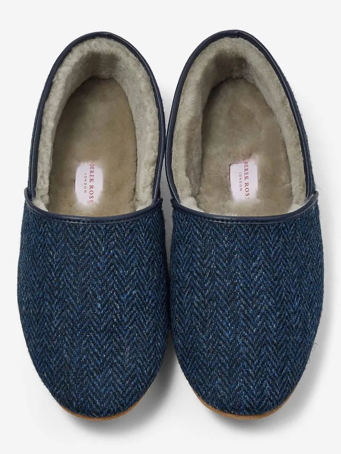 MenSlippers Slippers Crawford 2 Harris Tweed Sheepskin Navy Derek Rose Slippers