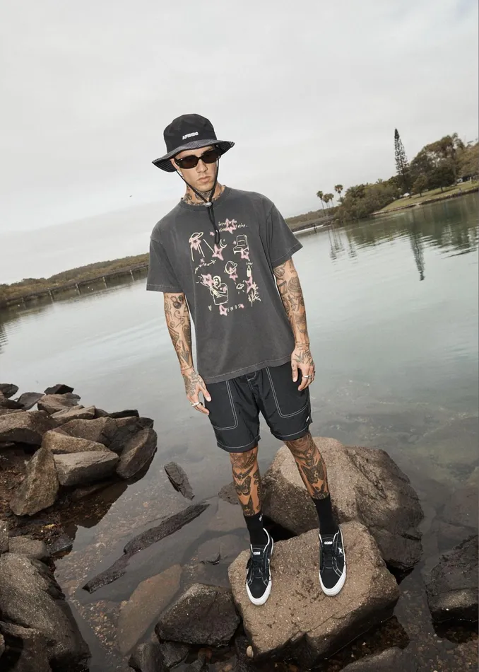 Men TShirts Afends AFENDS Mens Microdose 8211 Boxy Fit Tee 8211 Stone Black
