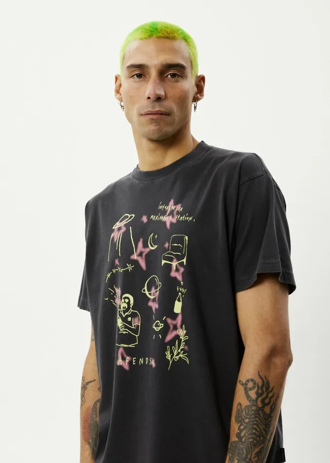 Men TShirts Afends AFENDS Mens Microdose 8211 Boxy Fit Tee 8211 Stone Black