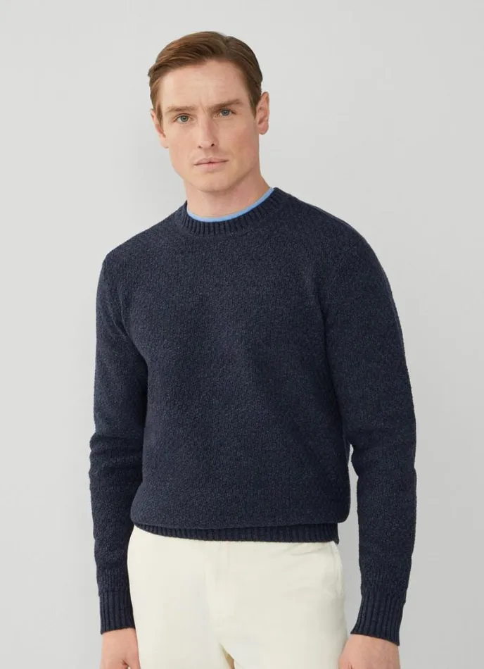 Men Textured Knit Jumper Navy Hackett London Knitwear