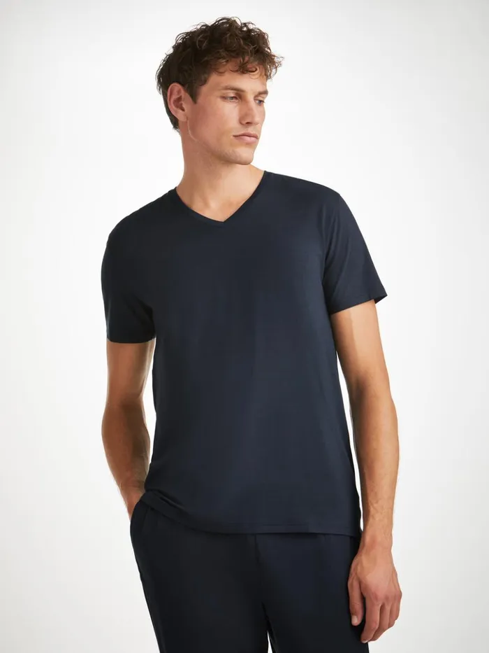 Men VNeck TShirt Basel Micro Modal Stretch Navy Derek Rose Short Sleeve TShirts