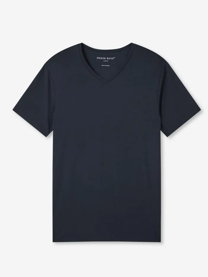 Men VNeck TShirt Basel Micro Modal Stretch Navy Derek Rose Short Sleeve TShirts