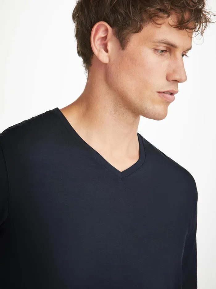 Men VNeck TShirt Basel Micro Modal Stretch Navy Derek Rose Short Sleeve TShirts