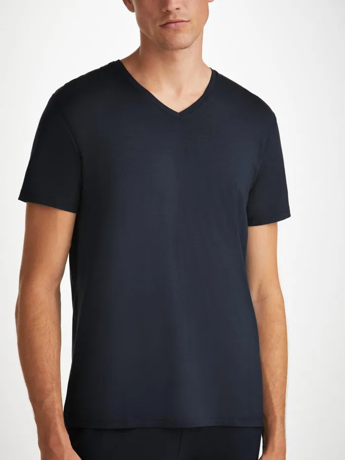 Men VNeck TShirt Basel Micro Modal Stretch Navy Derek Rose Short Sleeve TShirts