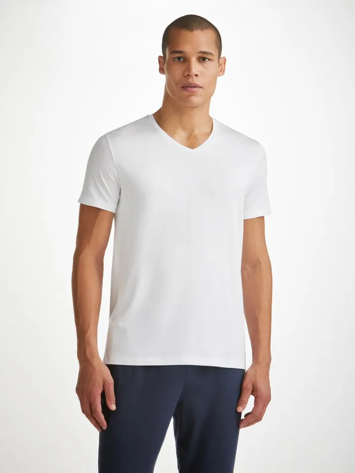 Men VNeck TShirt Basel Micro Modal Stretch White Derek Rose Short Sleeve TShirts