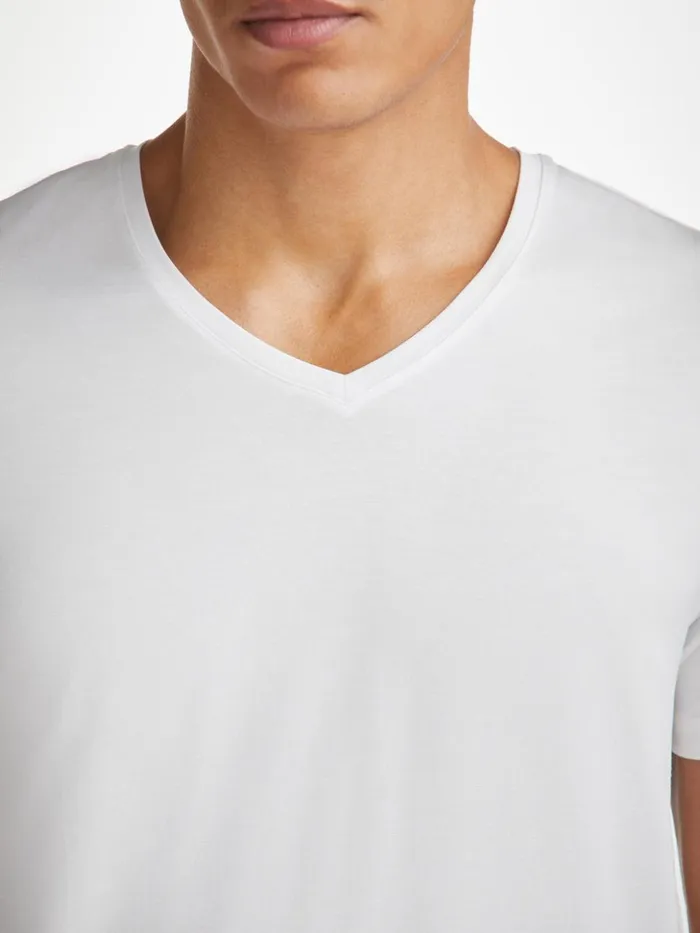 Men VNeck TShirt Basel Micro Modal Stretch White Derek Rose Short Sleeve TShirts