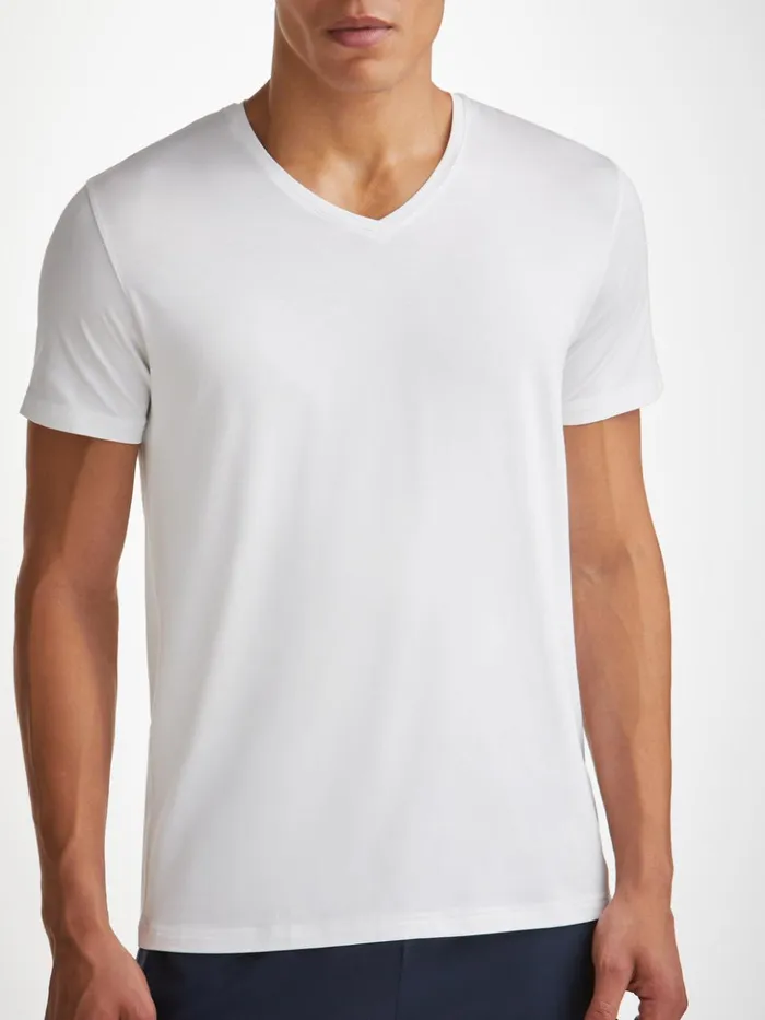 Men VNeck TShirt Basel Micro Modal Stretch White Derek Rose Short Sleeve TShirts