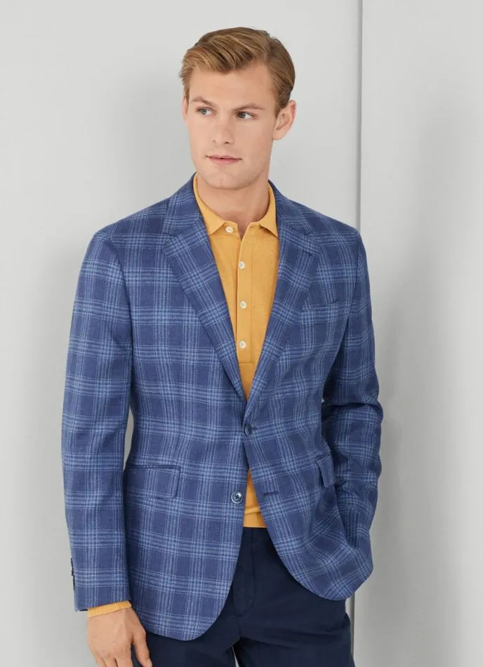 Men Wool And Silk Checked Blazer Blue Hackett London Blazers