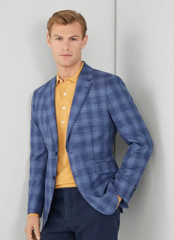 Men Wool And Silk Checked Blazer Blue Hackett London Blazers
