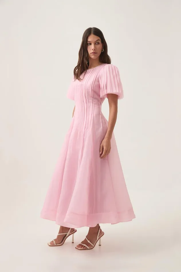 Nova Pleated Midi Dress Chalk Pink Women Aje Dresses Nova Pleated Midi Dress Chalk Pink Women Aje Dresses