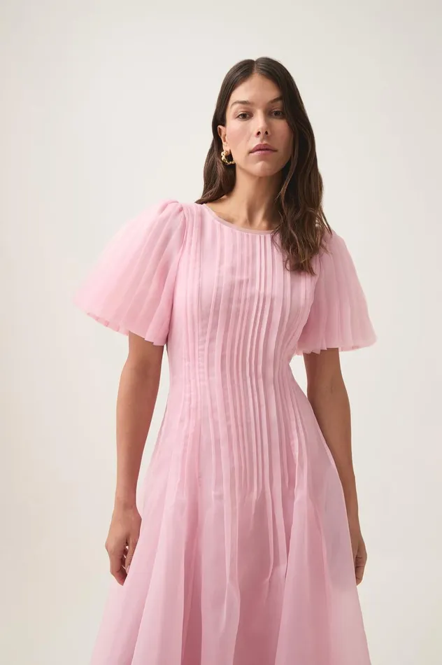 Nova Pleated Midi Dress Chalk Pink Women Aje Dresses Nova Pleated Midi Dress Chalk Pink Women Aje Dresses