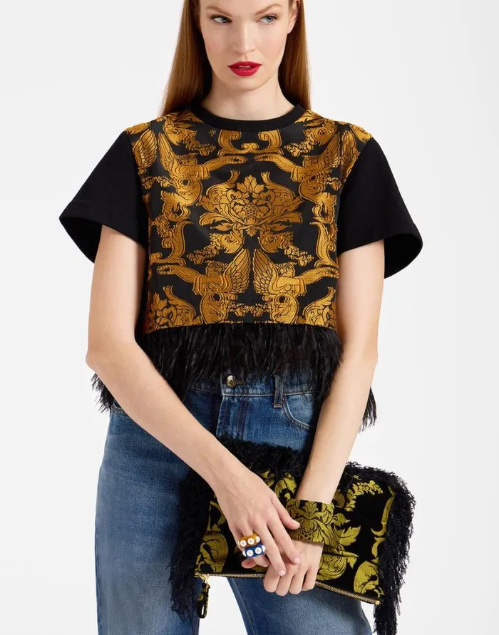 Ready To Wear Bags and Pochettes La Double J Party Pochette Cherubs Black In Jacquard With Feathers Ready To Wear Bags and Pochettes La Double J Party Pochette Cherubs Black In Jacquard With Feathers