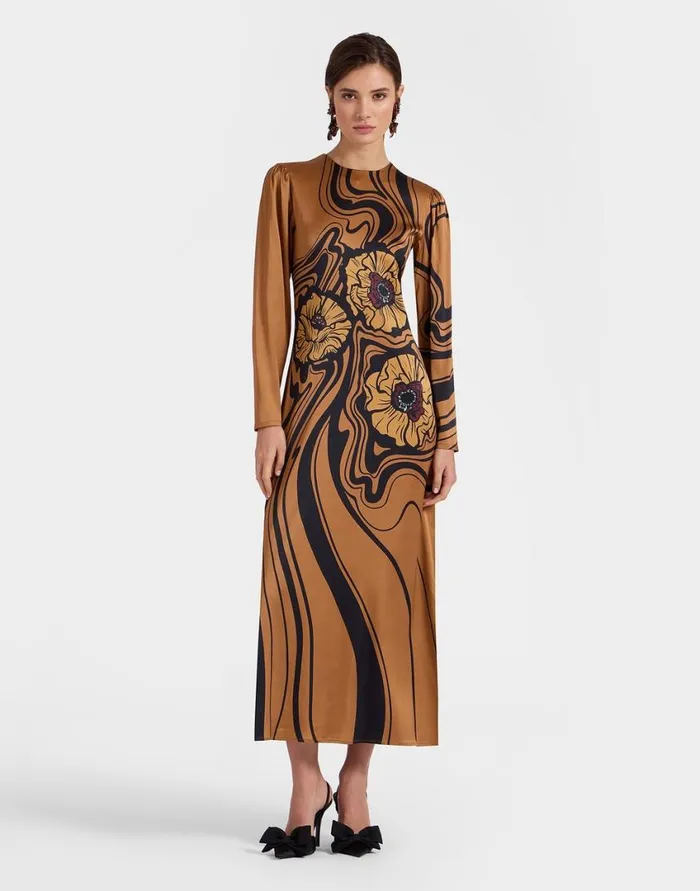 Ready To Wear Dresses La Double J Clingy Swing Big Blooms Place Brown In Stretch Satin