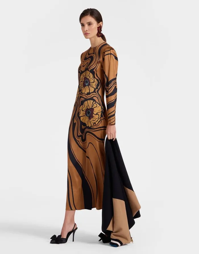 Ready To Wear Dresses La Double J Clingy Swing Big Blooms Place Brown In Stretch Satin Ready To Wear Dresses La Double J Clingy Swing Big Blooms Place Brown In Stretch Satin