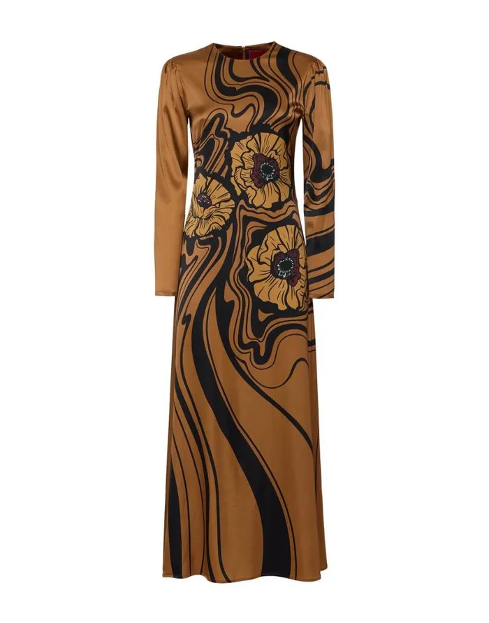 Ready To Wear Dresses La Double J Clingy Swing Big Blooms Place Brown In Stretch Satin Ready To Wear Dresses La Double J Clingy Swing Big Blooms Place Brown In Stretch Satin