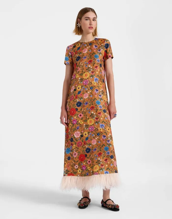 Ready To Wear Dresses La Double J Swing Dress Botticelli Rust In Silk Twill With Feathers Ready To Wear Dresses La Double J Swing Dress Botticelli Rust In Silk Twill With Feathers