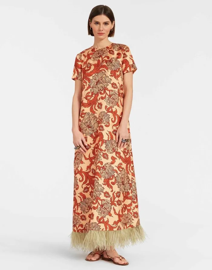 Ready To Wear Dresses La Double J Swing Dress Reef Pale Pink In Silk Twill With Feathers Ready To Wear Dresses La Double J Swing Dress Reef Pale Pink In Silk Twill With Feathers