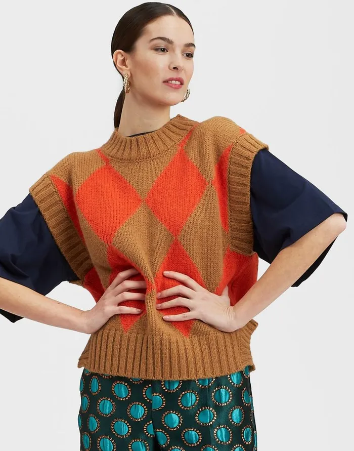 Ready To Wear Knitwear La Double J Argyle Gilet Camel Orange In Wool