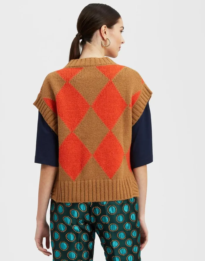 Ready To Wear Knitwear La Double J Argyle Gilet Camel Orange In Wool Ready To Wear Knitwear La Double J Argyle Gilet Camel Orange In Wool