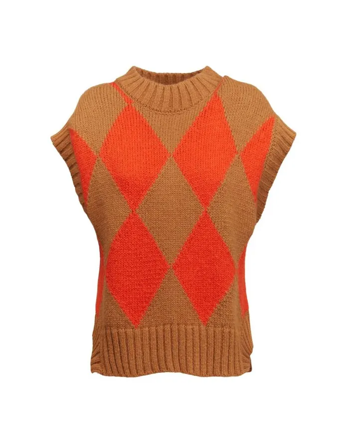 Ready To Wear Knitwear La Double J Argyle Gilet Camel Orange In Wool Ready To Wear Knitwear La Double J Argyle Gilet Camel Orange In Wool