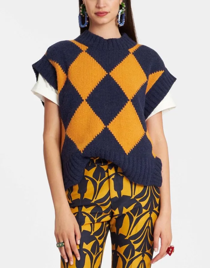 Ready To Wear Knitwear La Double J Argyle Gilet Navy and Yellow In Wool