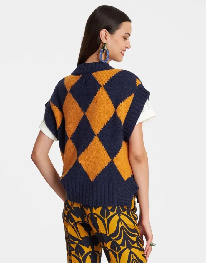Ready To Wear Knitwear La Double J Argyle Gilet Navy and Yellow In Wool Ready To Wear Knitwear La Double J Argyle Gilet Navy and Yellow In Wool
