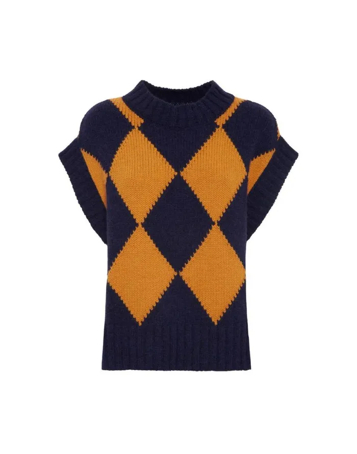 Ready To Wear Knitwear La Double J Argyle Gilet Navy and Yellow In Wool Ready To Wear Knitwear La Double J Argyle Gilet Navy and Yellow In Wool