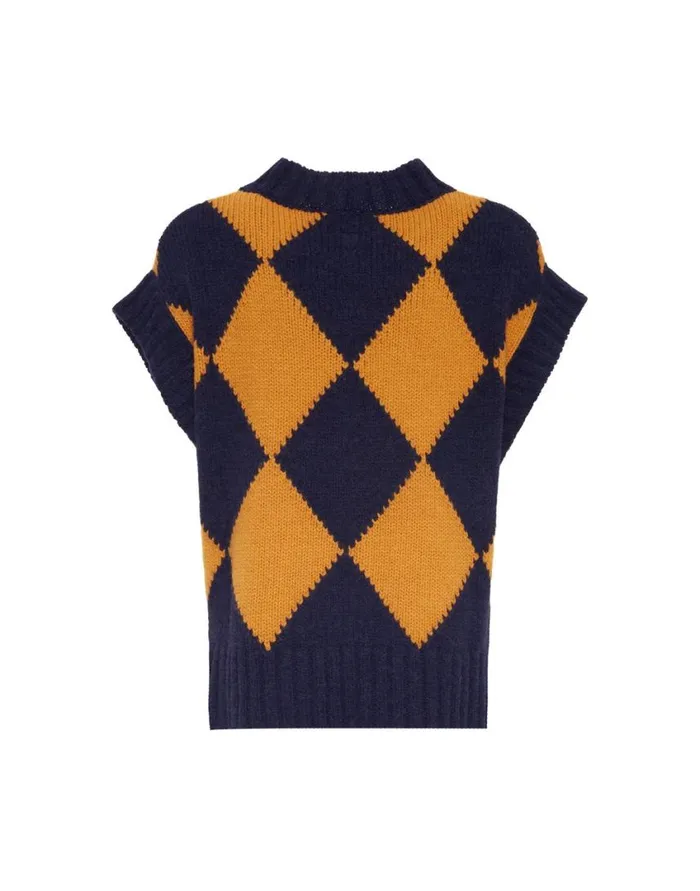 Ready To Wear Knitwear La Double J Argyle Gilet Navy and Yellow In Wool Ready To Wear Knitwear La Double J Argyle Gilet Navy and Yellow In Wool