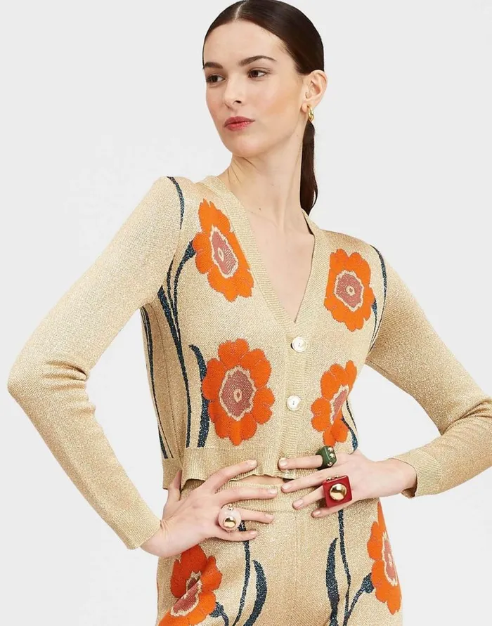 Ready To Wear Knitwear La Double J Daisychain Mini Cardigan Orange and Gold In Jacquard Lurex Ready To Wear Knitwear La Double J Daisychain Mini Cardigan Orange and Gold In Jacquard Lurex