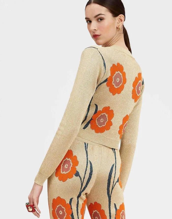 Ready To Wear Knitwear La Double J Daisychain Mini Cardigan Orange and Gold In Jacquard Lurex Ready To Wear Knitwear La Double J Daisychain Mini Cardigan Orange and Gold In Jacquard Lurex
