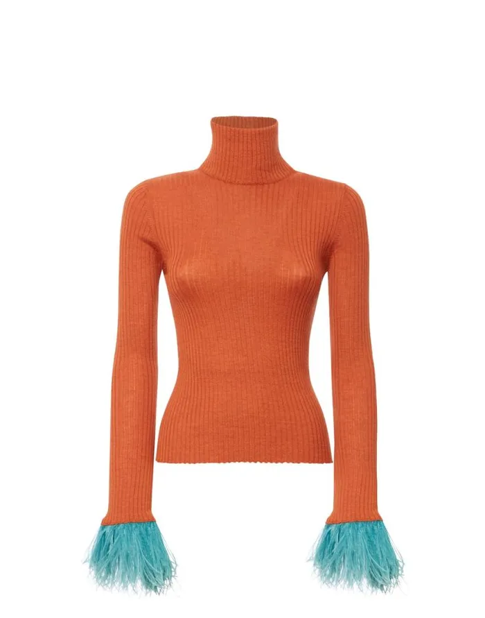 Ready To Wear Knitwear La Double J High Kick Top Orange In Ribbed Silk Cashmere With Feathers Ready To Wear Knitwear La Double J High Kick Top Orange In Ribbed Silk Cashmere With Feathers