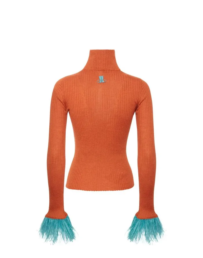 Ready To Wear Knitwear La Double J High Kick Top Orange In Ribbed Silk Cashmere With Feathers Ready To Wear Knitwear La Double J High Kick Top Orange In Ribbed Silk Cashmere With Feathers