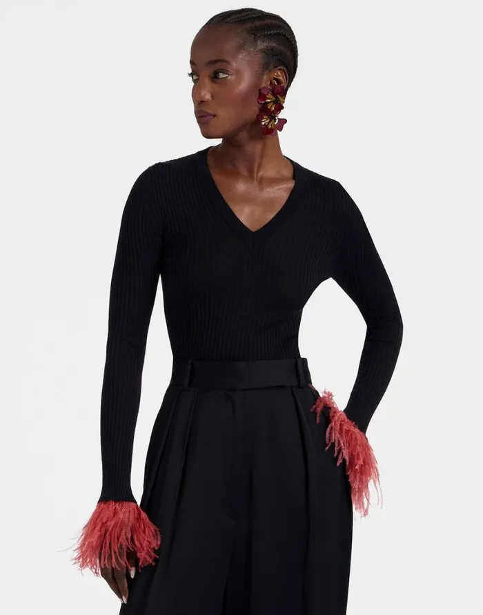Ready To Wear Knitwear La Double J VNeck High Kick Top Solid Black In Ribbed Silk Cashmere With Feathers Ready To Wear Knitwear La Double J VNeck High Kick Top Solid Black In Ribbed Silk Cashmere With Feathers