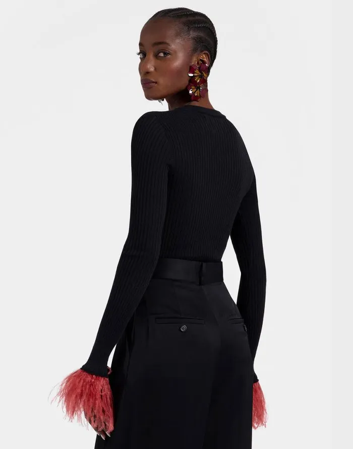 Ready To Wear Knitwear La Double J VNeck High Kick Top Solid Black In Ribbed Silk Cashmere With Feathers Ready To Wear Knitwear La Double J VNeck High Kick Top Solid Black In Ribbed Silk Cashmere With Feathers