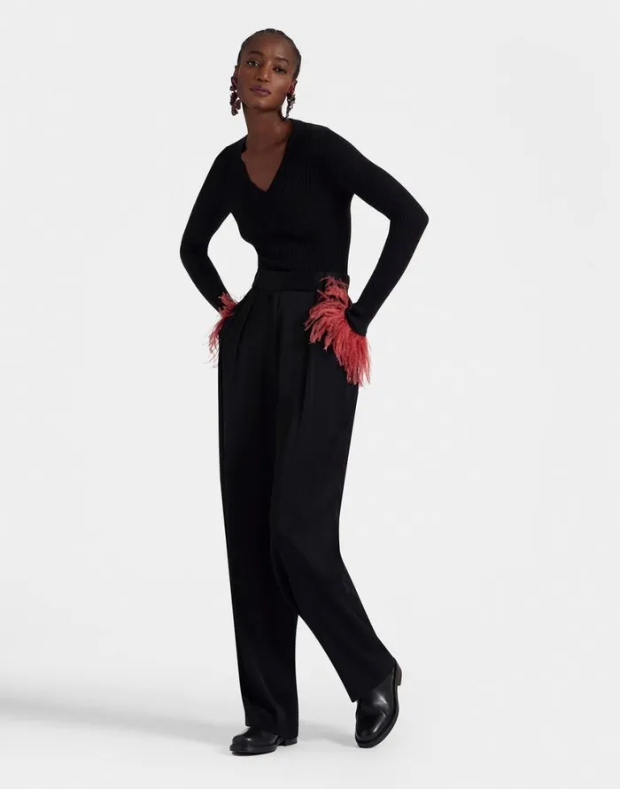 Ready To Wear Knitwear La Double J VNeck High Kick Top Solid Black In Ribbed Silk Cashmere With Feathers Ready To Wear Knitwear La Double J VNeck High Kick Top Solid Black In Ribbed Silk Cashmere With Feathers