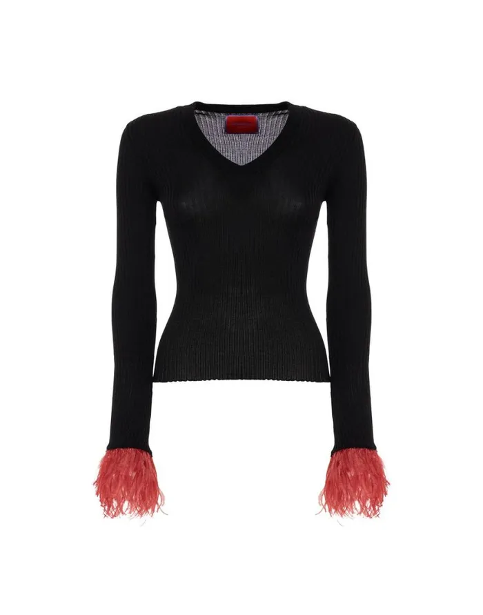 Ready To Wear Knitwear La Double J VNeck High Kick Top Solid Black In Ribbed Silk Cashmere With Feathers Ready To Wear Knitwear La Double J VNeck High Kick Top Solid Black In Ribbed Silk Cashmere With Feathers
