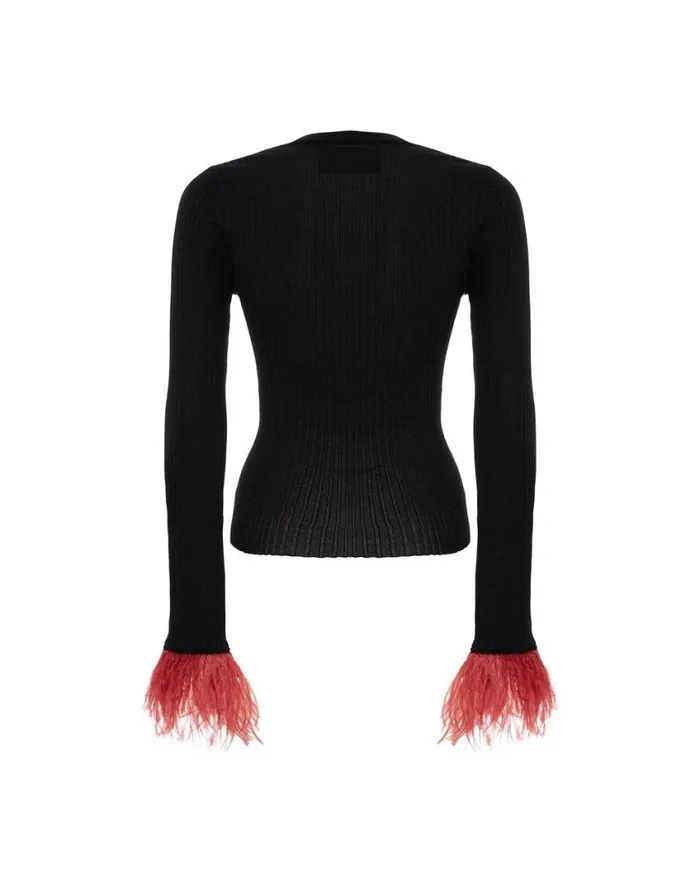 Ready To Wear Knitwear La Double J VNeck High Kick Top Solid Black In Ribbed Silk Cashmere With Feathers Ready To Wear Knitwear La Double J VNeck High Kick Top Solid Black In Ribbed Silk Cashmere With Feathers