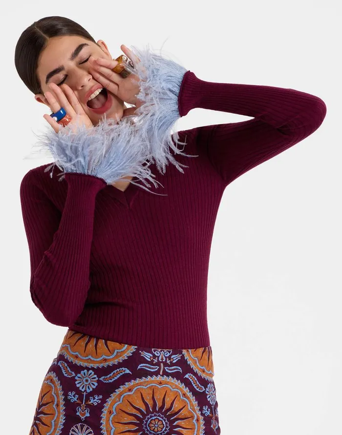 Ready To Wear Knitwear La Double J VNeck High Kick Top Solid Burgandy In Ribbed Silk Cashmere With Feathers Ready To Wear Knitwear La Double J VNeck High Kick Top Solid Burgandy In Ribbed Silk Cashmere With Feathers