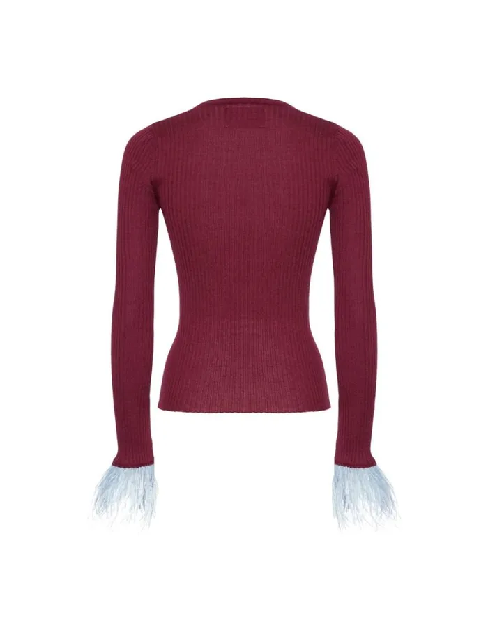 Ready To Wear Knitwear La Double J VNeck High Kick Top Solid Burgandy In Ribbed Silk Cashmere With Feathers Ready To Wear Knitwear La Double J VNeck High Kick Top Solid Burgandy In Ribbed Silk Cashmere With Feathers