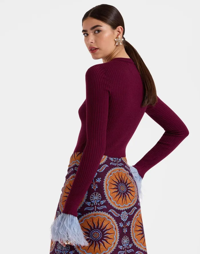 Ready To Wear Knitwear La Double J VNeck High Kick Top Solid Burgandy In Ribbed Silk Cashmere With Feathers Ready To Wear Knitwear La Double J VNeck High Kick Top Solid Burgandy In Ribbed Silk Cashmere With Feathers