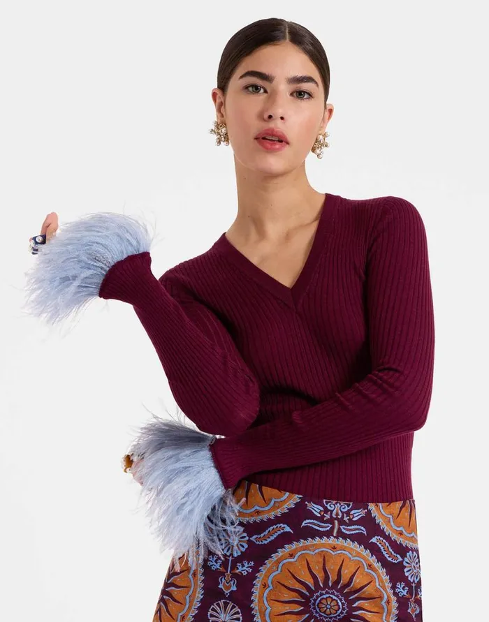 Ready To Wear Knitwear La Double J VNeck High Kick Top Solid Burgandy In Ribbed Silk Cashmere With Feathers Ready To Wear Knitwear La Double J VNeck High Kick Top Solid Burgandy In Ribbed Silk Cashmere With Feathers