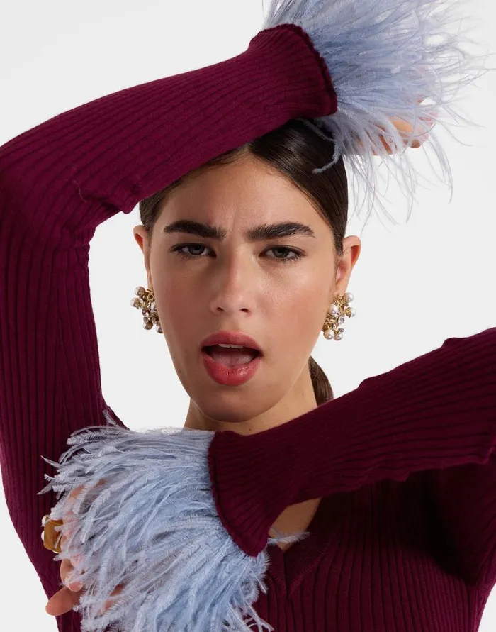 Ready To Wear Knitwear La Double J VNeck High Kick Top Solid Burgandy In Ribbed Silk Cashmere With Feathers Ready To Wear Knitwear La Double J VNeck High Kick Top Solid Burgandy In Ribbed Silk Cashmere With Feathers