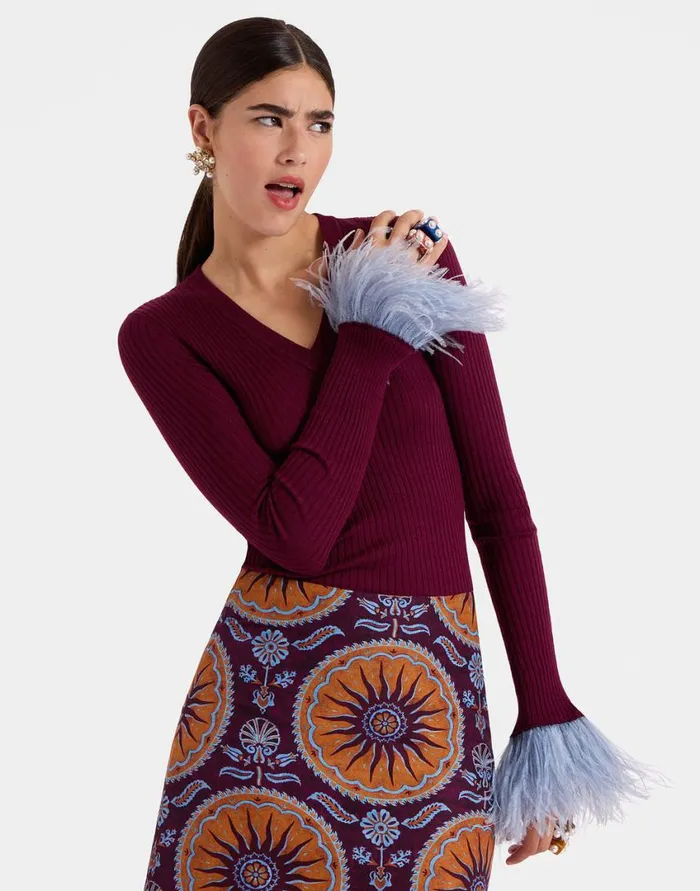 Ready To Wear Knitwear La Double J VNeck High Kick Top Solid Burgandy In Ribbed Silk Cashmere With Feathers Ready To Wear Knitwear La Double J VNeck High Kick Top Solid Burgandy In Ribbed Silk Cashmere With Feathers