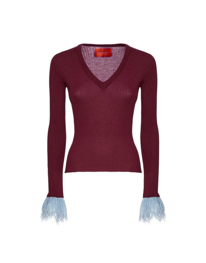 Ready To Wear Knitwear La Double J VNeck High Kick Top Solid Burgandy In Ribbed Silk Cashmere With Feathers Ready To Wear Knitwear La Double J VNeck High Kick Top Solid Burgandy In Ribbed Silk Cashmere With Feathers