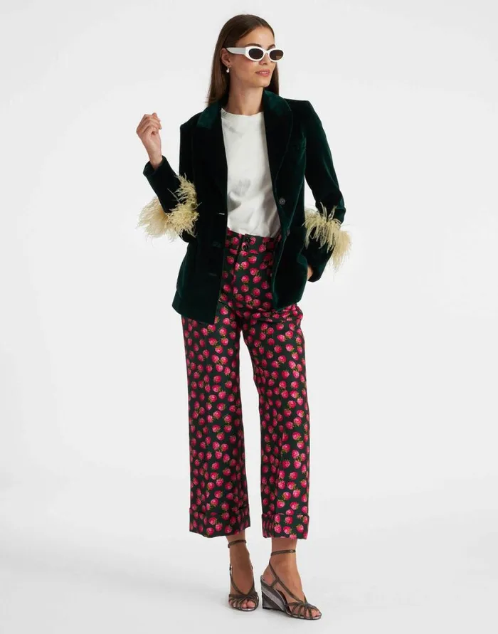 Ready To Wear Outerwear La Double J Keaton Jacket Blue Petrol In Velvet With Feathers