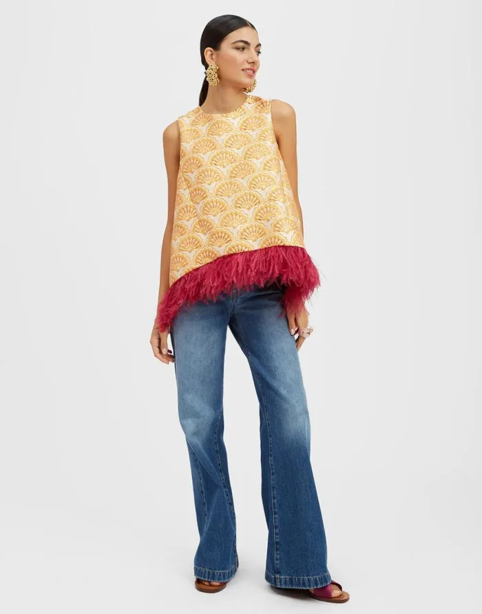 Ready To Wear Shirts and Tops La Double J La Scala Top Fans Gold In Jacquard With Feathers Ready To Wear Shirts and Tops La Double J La Scala Top Fans Gold In Jacquard With Feathers