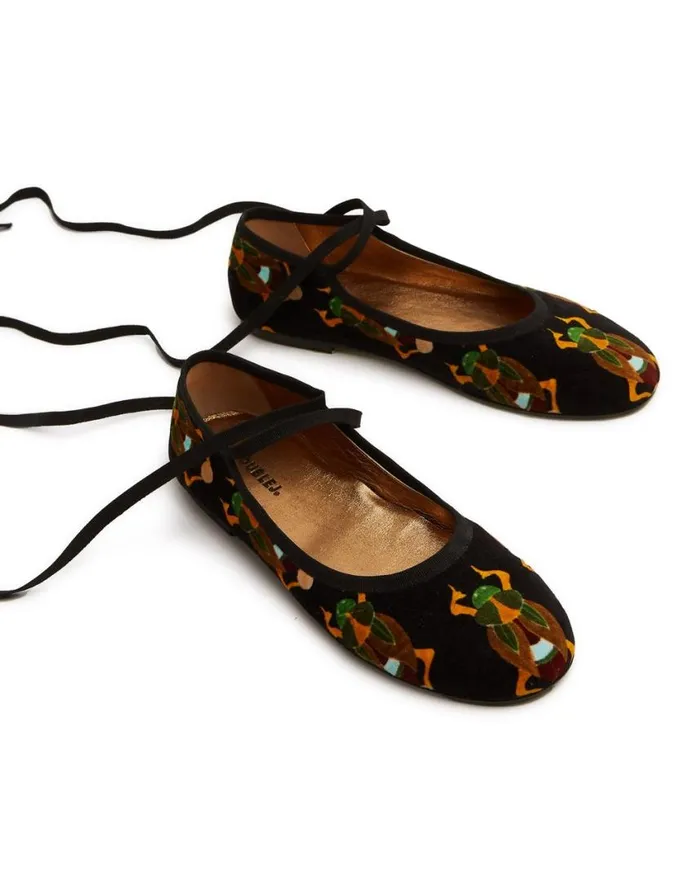 Ready To Wear Shoes La Double J Winter Ballerina Flats Scarab Black In Cotton Velvet Ready To Wear Shoes La Double J Winter Ballerina Flats Scarab Black In Cotton Velvet