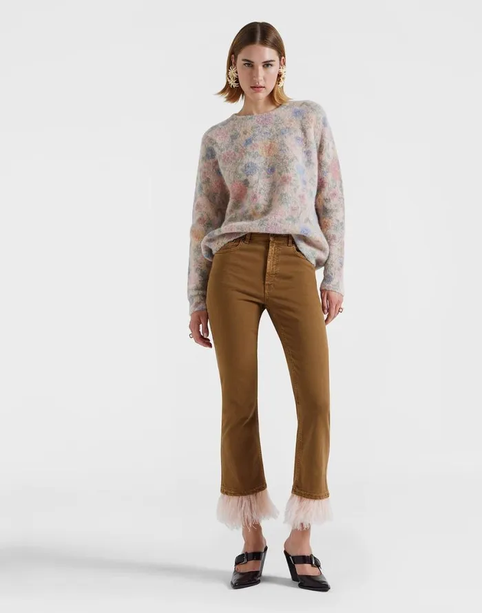 Ready To Wear Shorts and Pants La Double J Fancy Crop Jeans Khaki In Denim With Feathers Ready To Wear Shorts and Pants La Double J Fancy Crop Jeans Khaki In Denim With Feathers