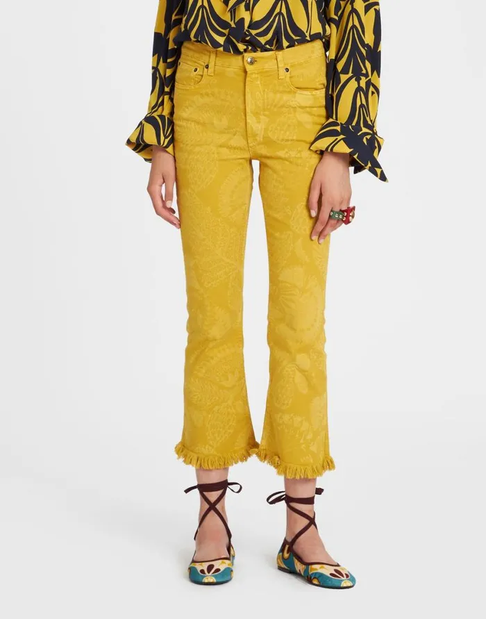 Ready To Wear Shorts and Pants La Double J Fancy Crop Jeans Sicomore Yellow In Laserprinted Denim With Fringe Ready To Wear Shorts and Pants La Double J Fancy Crop Jeans Sicomore Yellow In Laserprinted Denim With Fringe
