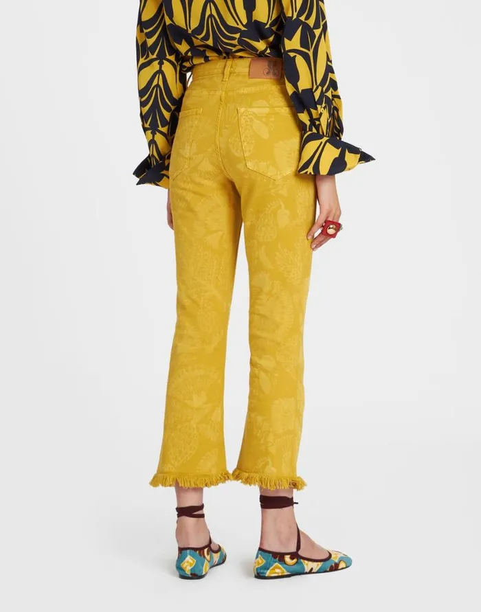 Ready To Wear Shorts and Pants La Double J Fancy Crop Jeans Sicomore Yellow In Laserprinted Denim With Fringe Ready To Wear Shorts and Pants La Double J Fancy Crop Jeans Sicomore Yellow In Laserprinted Denim With Fringe